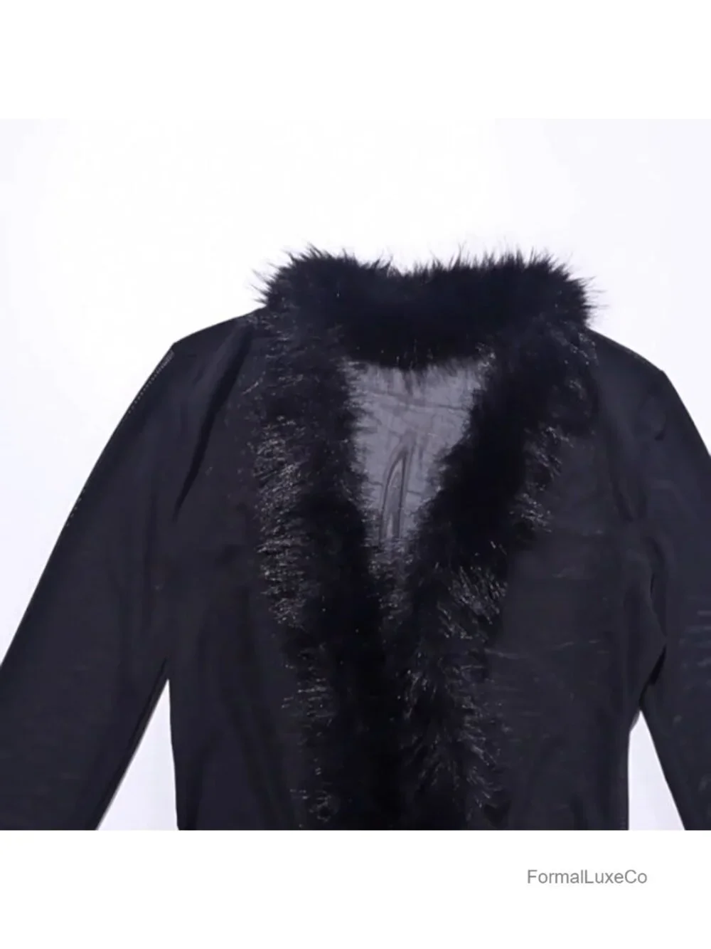Fuzzy Fur Trim Mesh Crop Top Women Sexy See Through Long Sleeve Cardigan